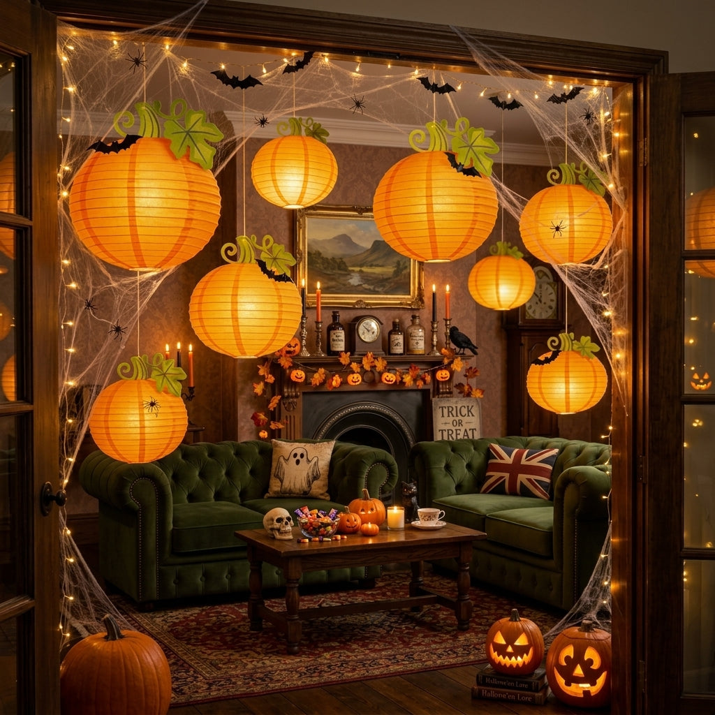 Harvest pumpkin paper lanterns decorating a spooky Halloween living room