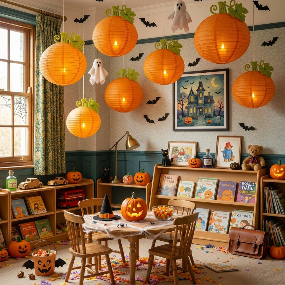 Harvest pumpkin paper lanterns decorating a kids Halloween party room