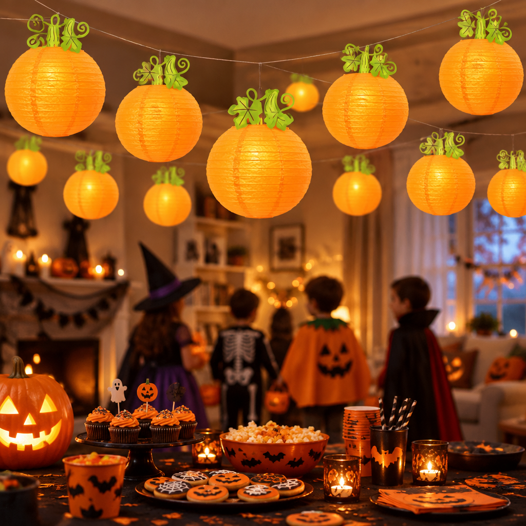 Harvest pumpkin paper lanterns strung overhead at a children's Halloween party