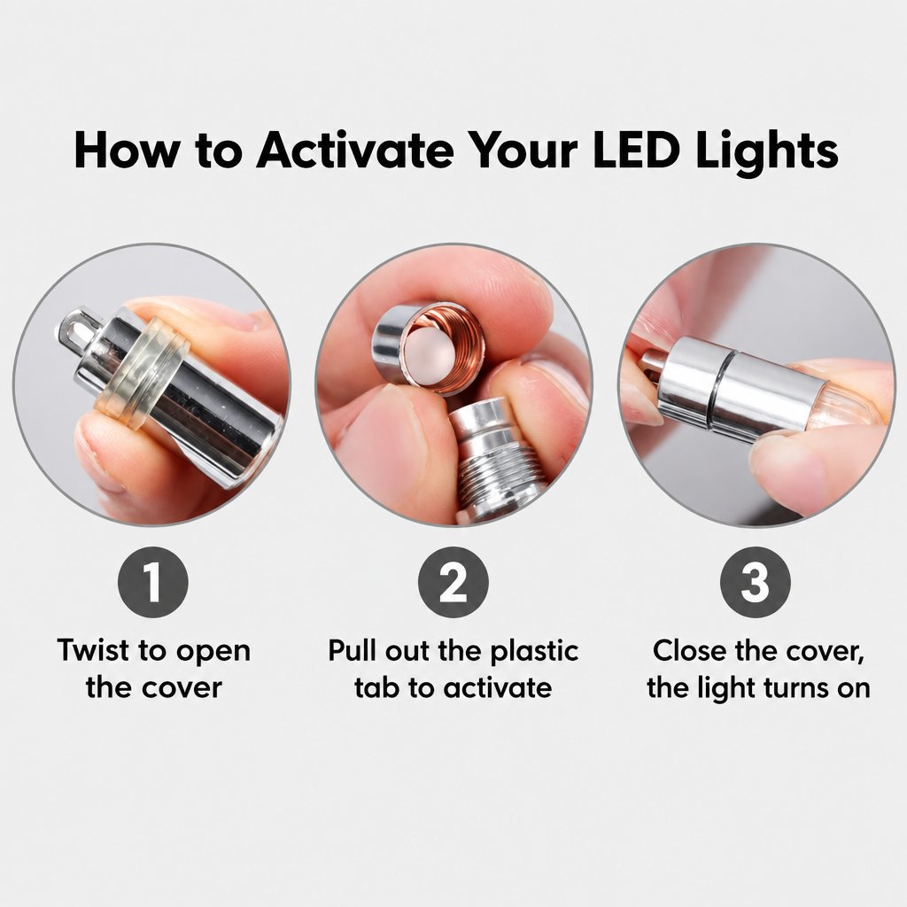 How to activate the Harvest LED lights: twist to open the cover, pull out the plastic tab to activate, close the cover and the light turns on