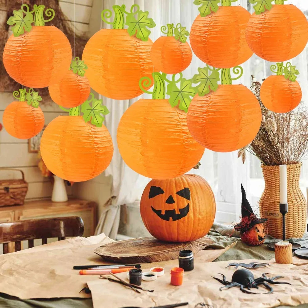 Harvest pumpkin paper lantern glowing when lit