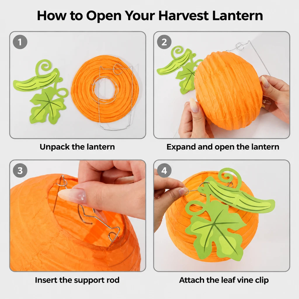 How to open the Harvest lantern: unpack, expand and open, insert the support rod, attach the leaf vine clip