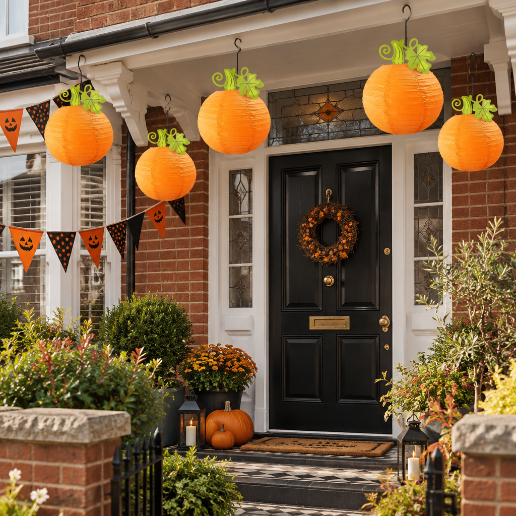 Harvest pumpkin paper lanterns hanging on a British terraced house porch with bunting and pumpkins
