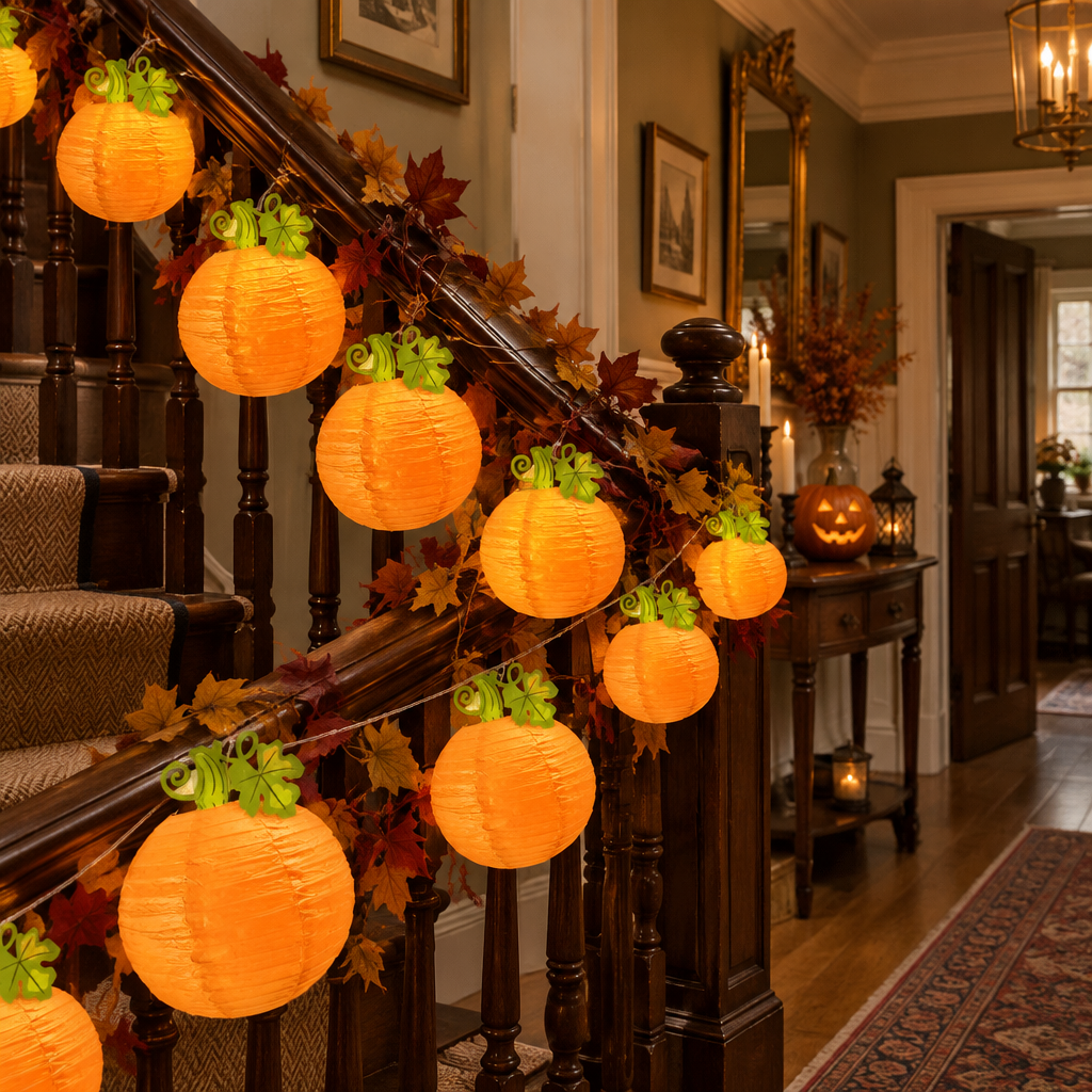 Harvest pumpkin paper lanterns strung along a staircase bannister in a British hallway