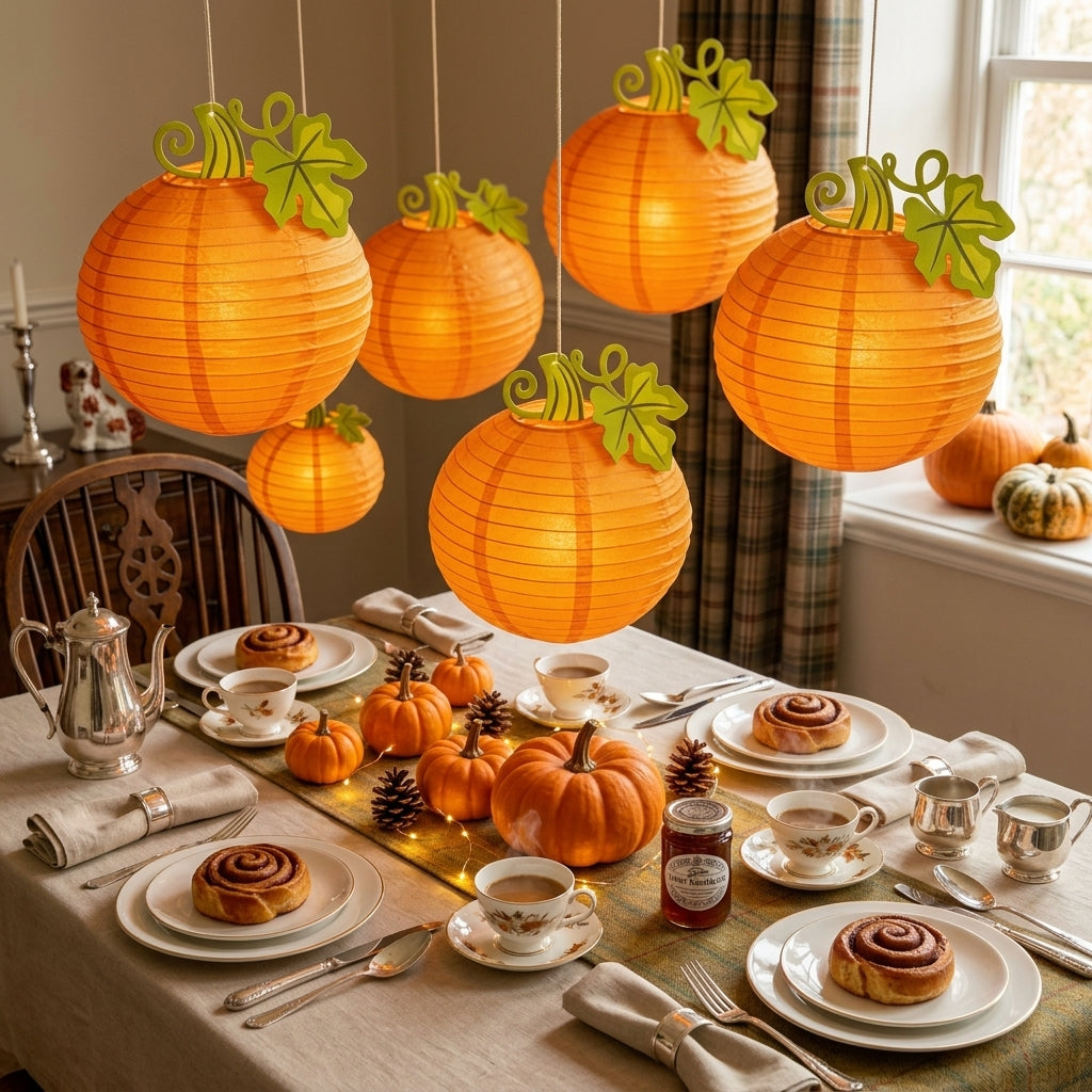 Harvest pumpkin paper lanterns lit above an autumn tea table