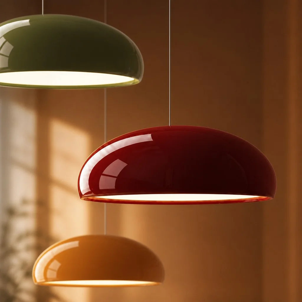 Cluster of green, red, and orange Bauhaus huhs pendant lights casting a warm, ambient glow