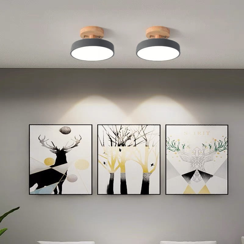 Pair of grey Nordic LED huty ceiling lights installed above framed deer artwork in a living space