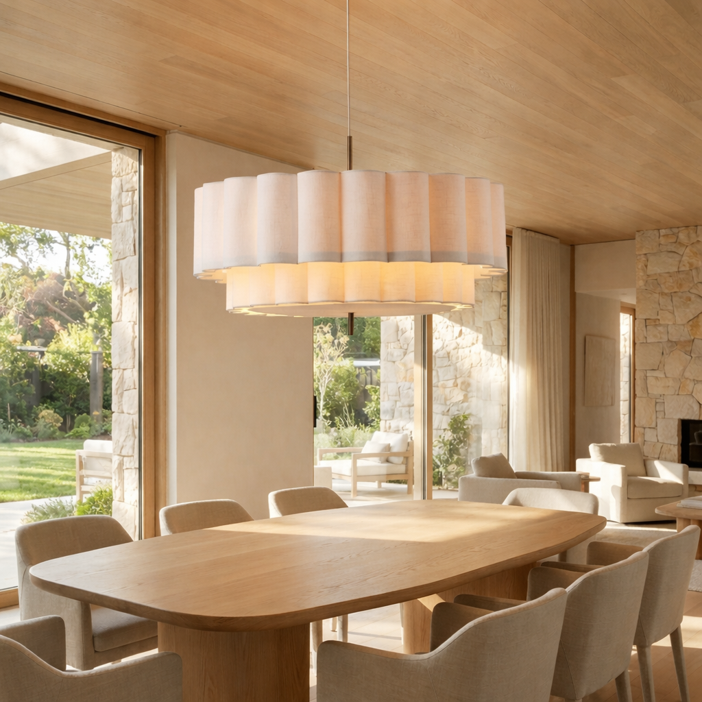 Nordic pleated fabric ilop ceiling lamp hanging elegantly in a bright dining area with large windows