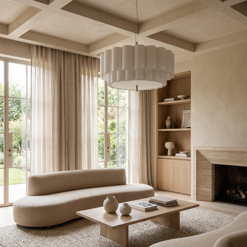 Retro-modern minimalist fabric ilop pendant hanging low over a coffee table in a bright beige lounge setting