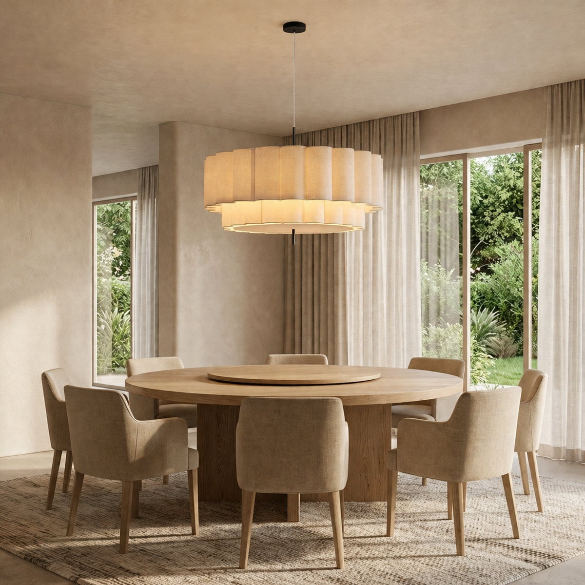 Wabi-Sabi tiered ilop pendant light illuminating a spacious, neutral-toned dining room with a large round table