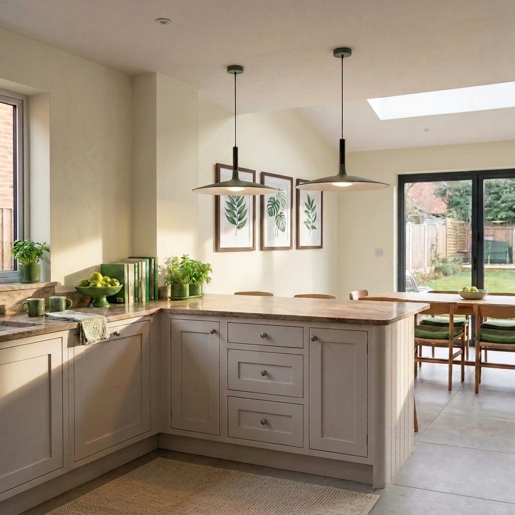Iqzo pendant lights above a bright kitchen island