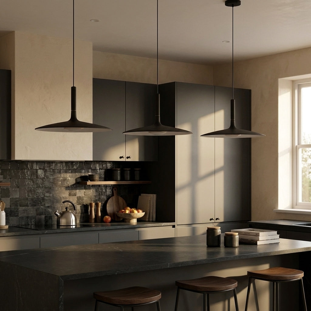 Iqzo black pendant light above a dark kitchen island