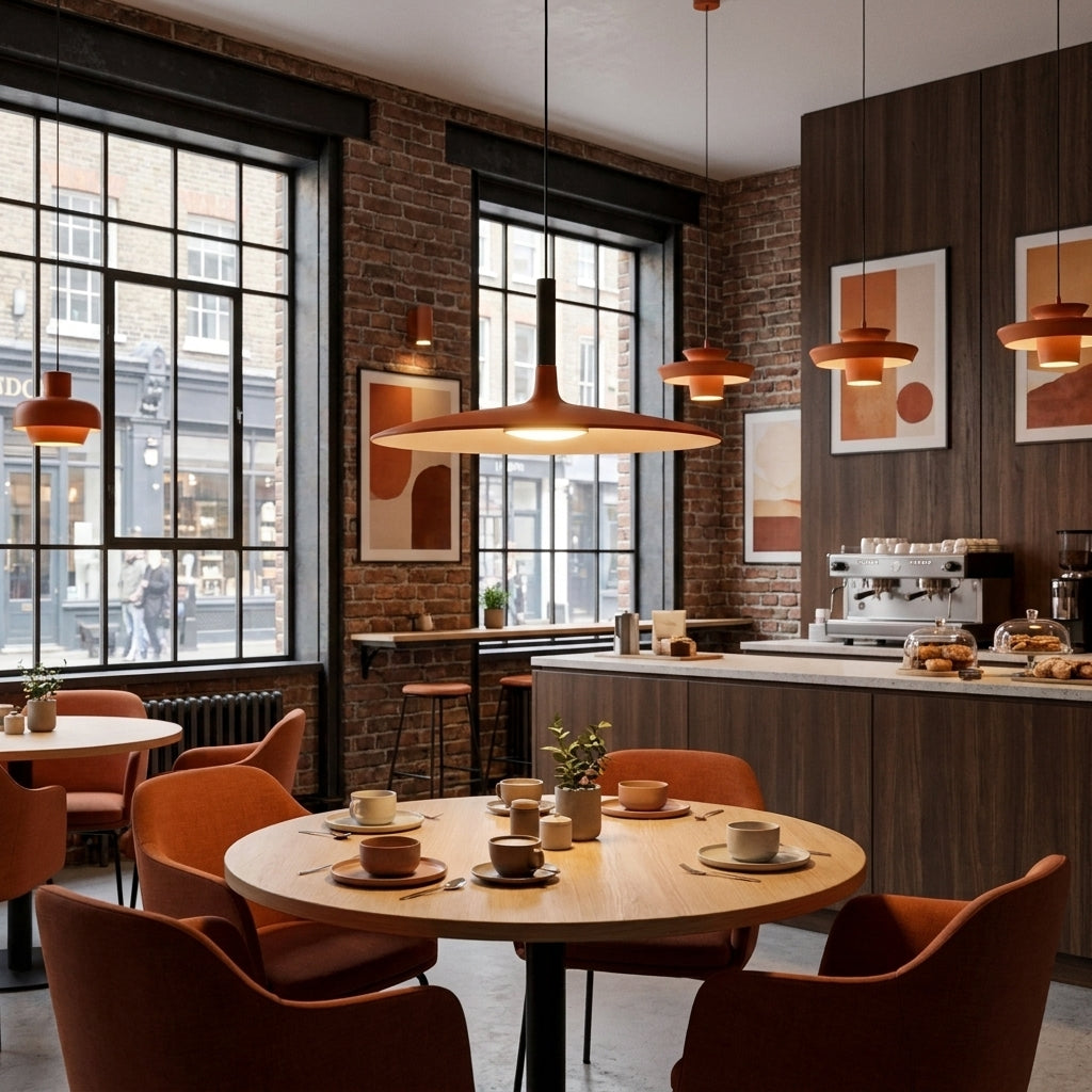 Iqzo orange pendant light above a dining table