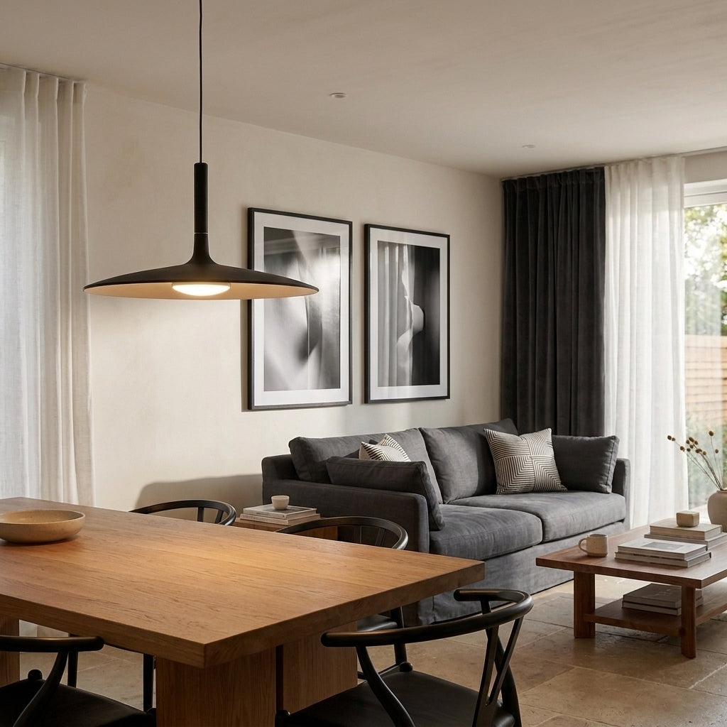 Iqzo black pendant light above a dining table in a living room
