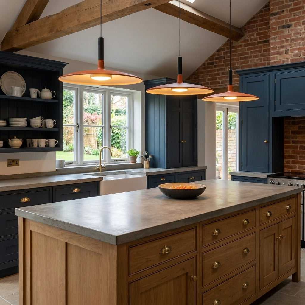Three Iqzo pendant lights above a kitchen island under a vaulted ceiling