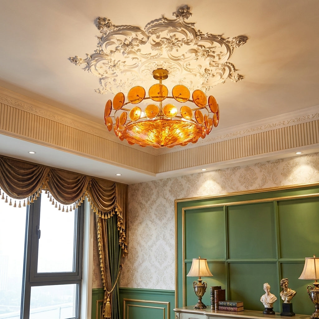 Joltly amber glass disc chandelier hanging from an ornate ceiling rose in a traditional room
