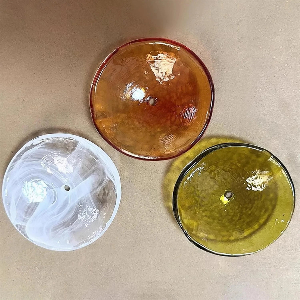 3 Joltly glass discs in amber, green and white frosted glass