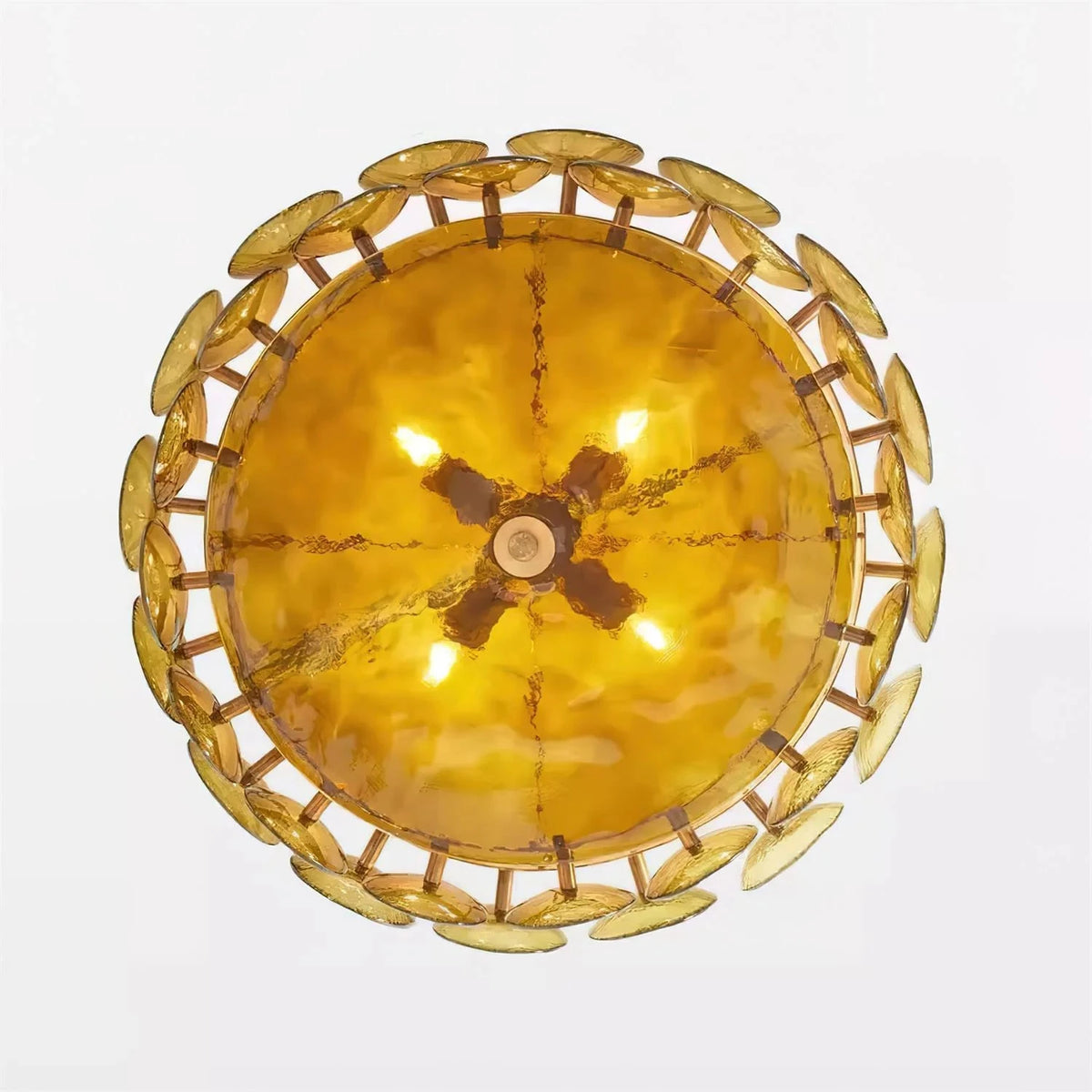 Joltly green glass disc chandelier lit, seen from below