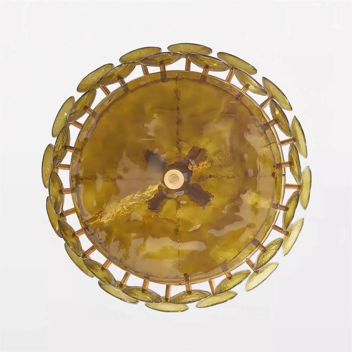 Joltly green glass disc chandelier unlit, seen from below