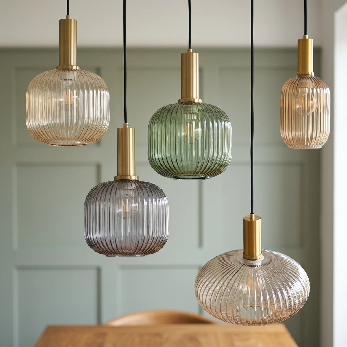 Cluster of 5 Kael ribbed glass pendant lights in champagne, grey, green and amber with brass caps hanging at different heights
