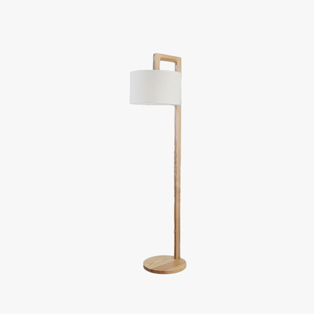 Japandi style solid wood kelta floor lamp with overhanging fabric shade isolated on a white background