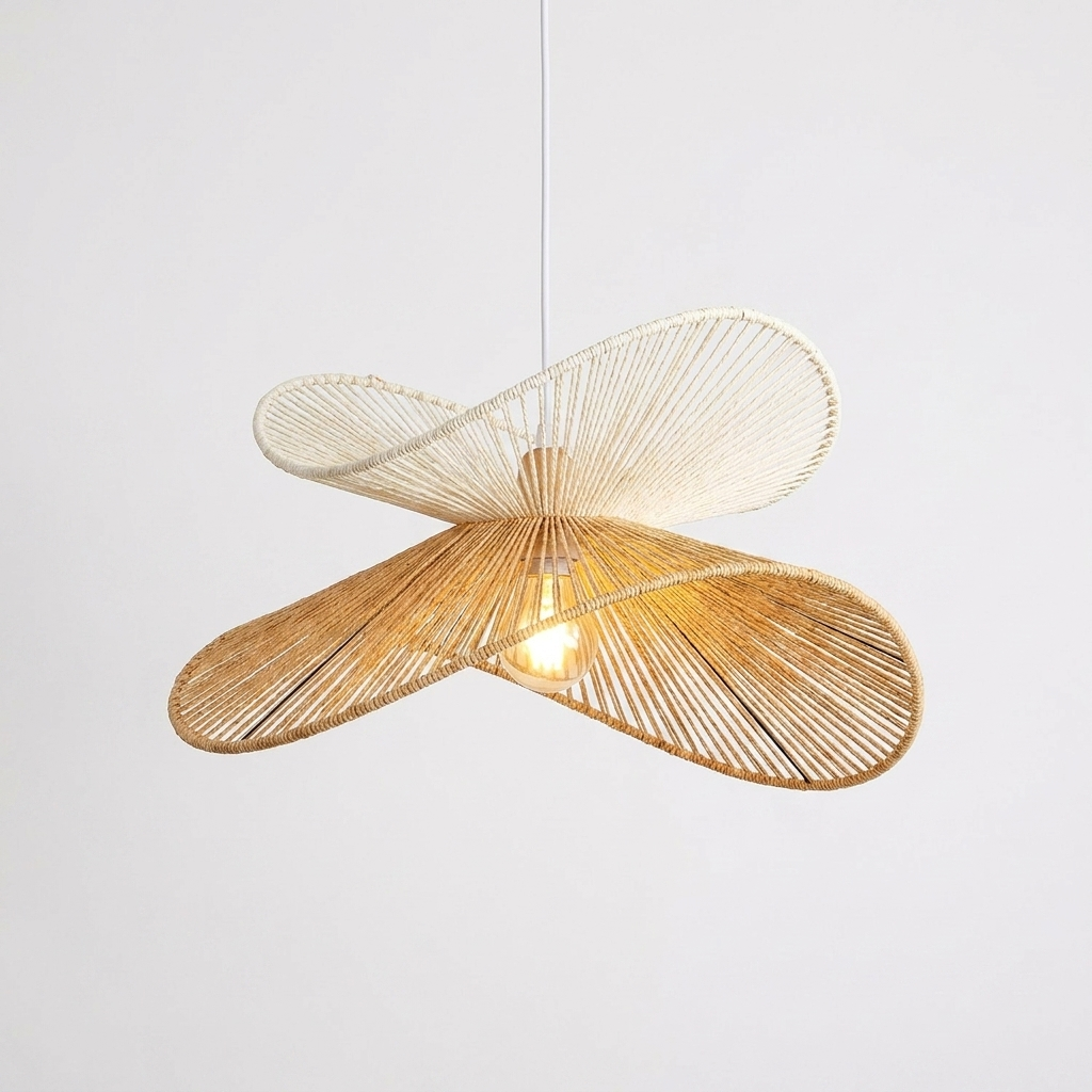Kire Bamboo Rattan Woven Pendant Light - Crossed Double Fan Two-Tone, clean background hero shot