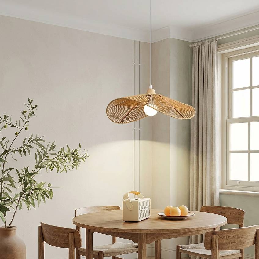 Kire Bamboo Rattan Woven Pendant Light - lifestyle shot in a British Japandi dining room