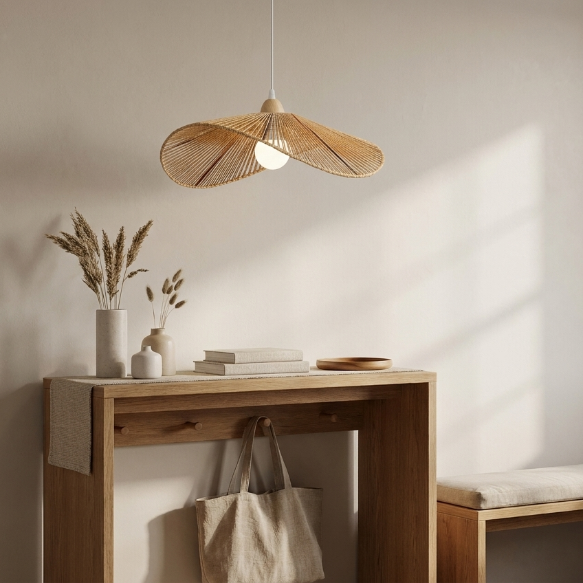 Kire Bamboo Rattan Woven Pendant Light - lifestyle shot in a British Japandi entryway