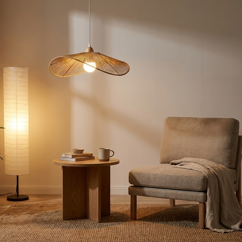 Kire Bamboo Rattan Woven Pendant Light - lifestyle shot in a British Japandi living room corner