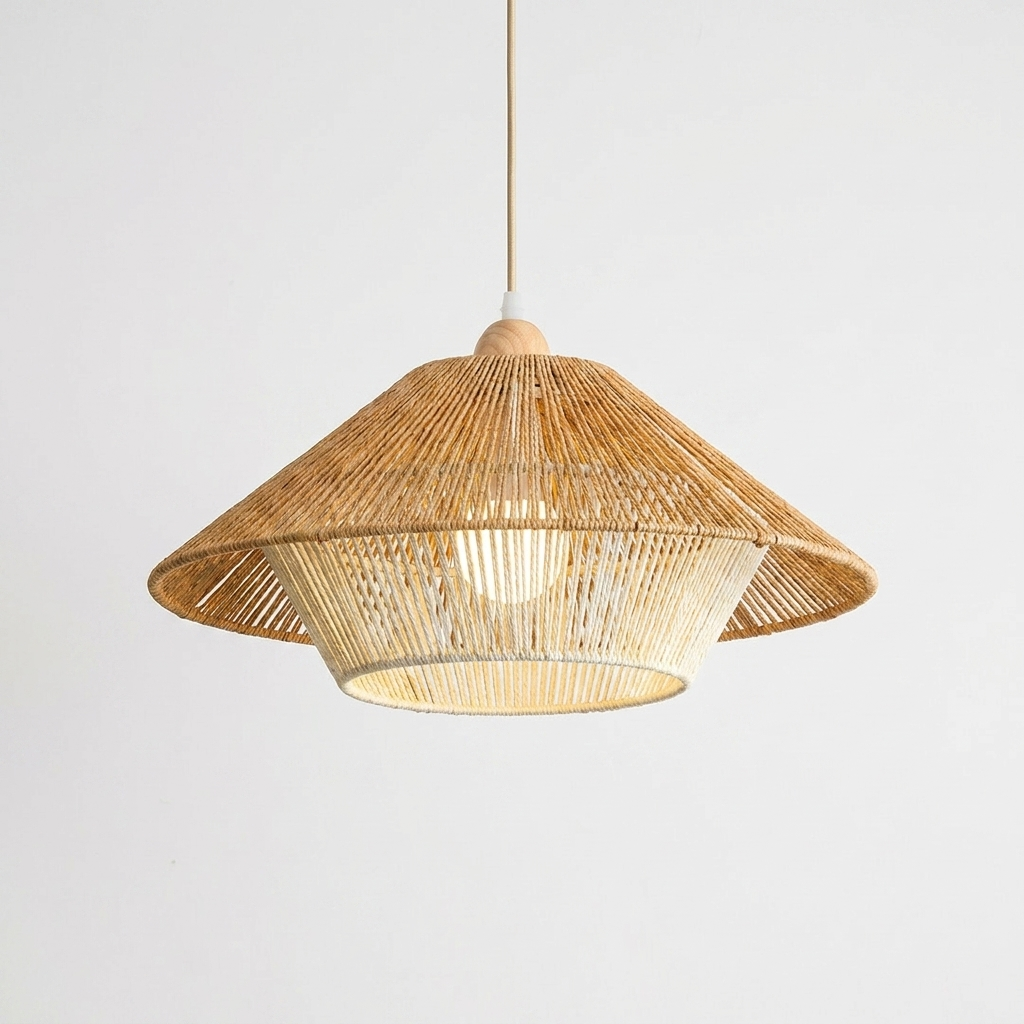 Kire Bamboo Rattan Woven Pendant Light - Tiered Double Fan, clean background hero shot