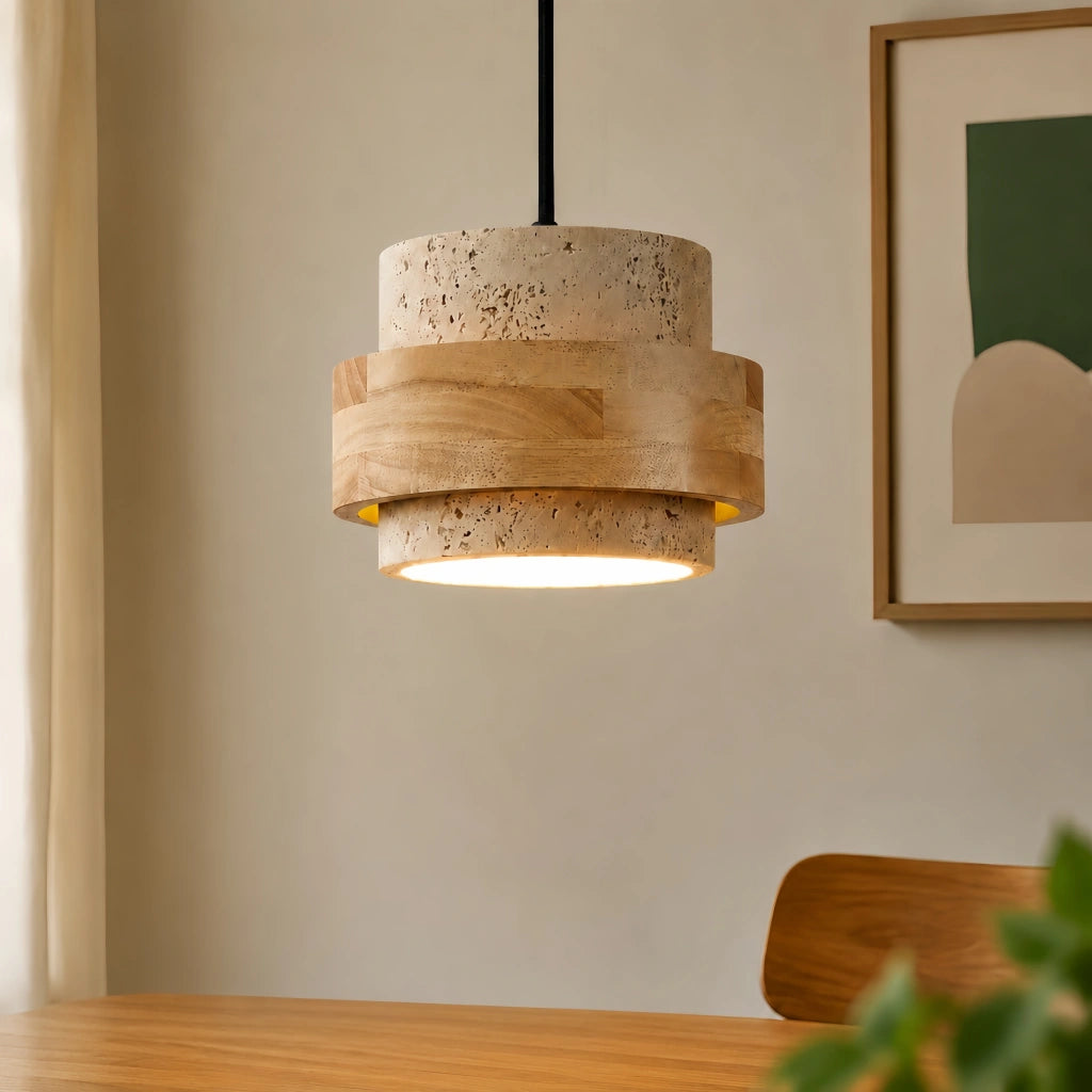 Close-up of the single natural wood and travertine kyra pendant showcasing its organic materials