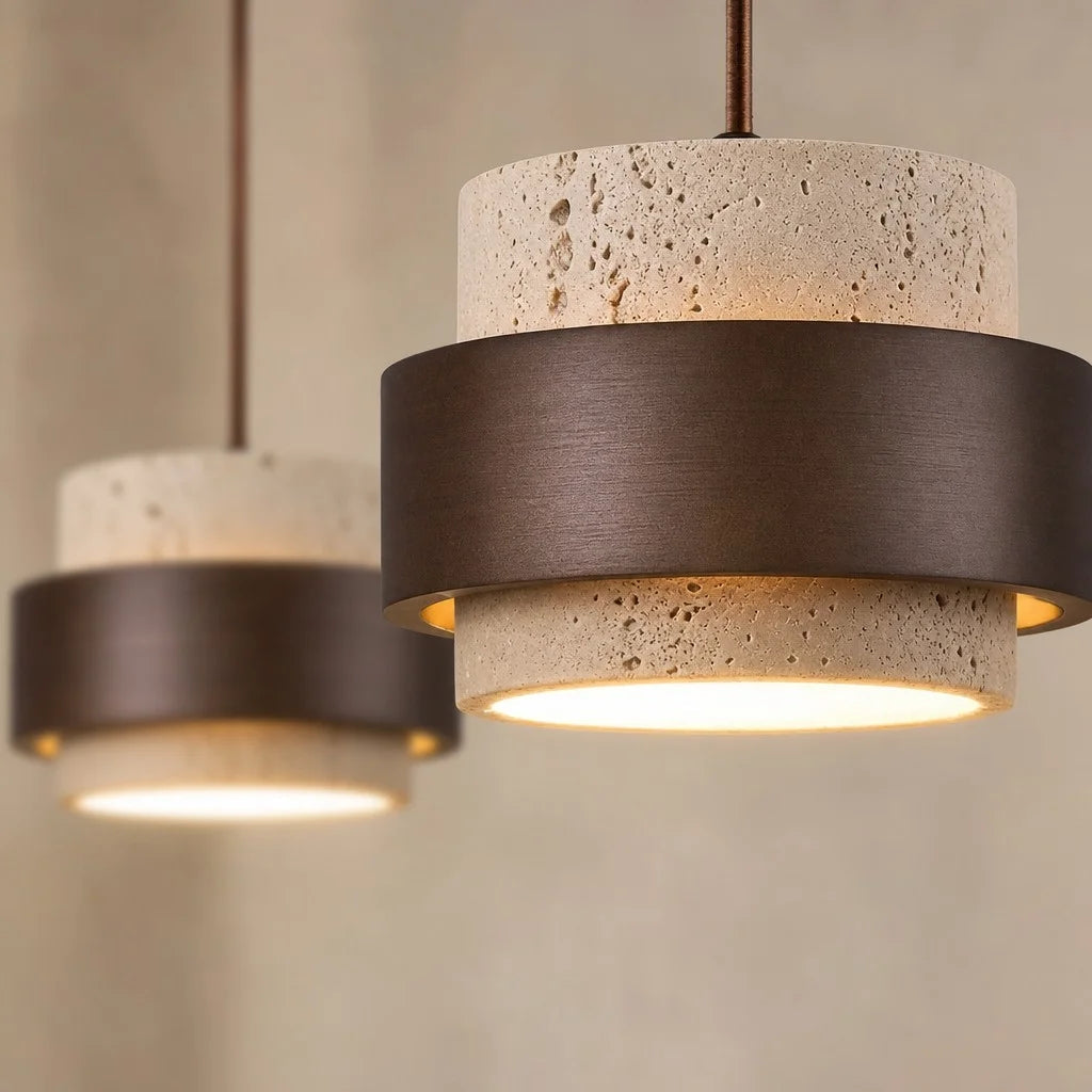 Close-up of the natural porous texture on the Japandi travertine stone kyra pendant lamps