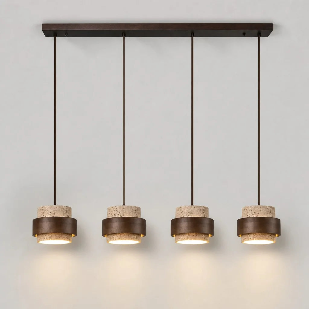 4-head kyra linear travertine island pendant light with dark wood accents isolated on a light background