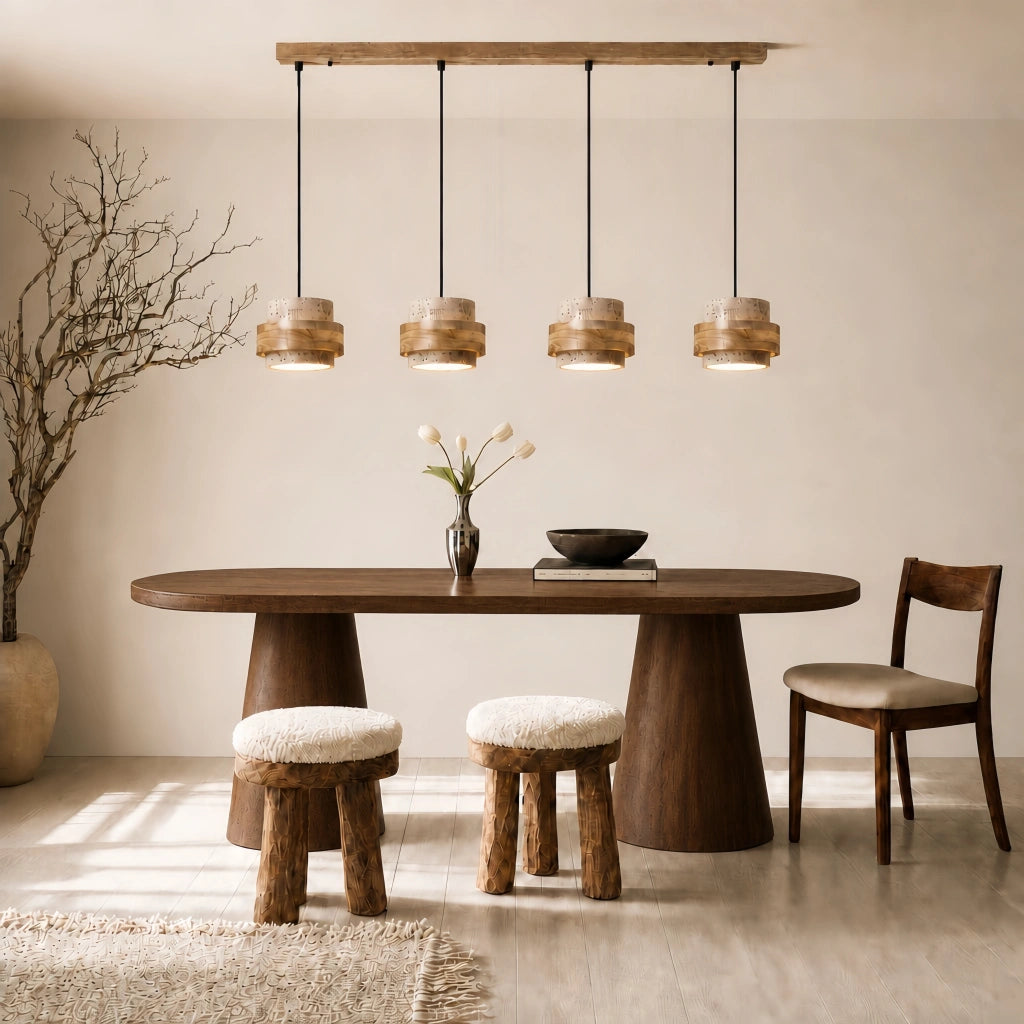 4-head natural wood and travertine stone kyra pendant light over a long modern dining table