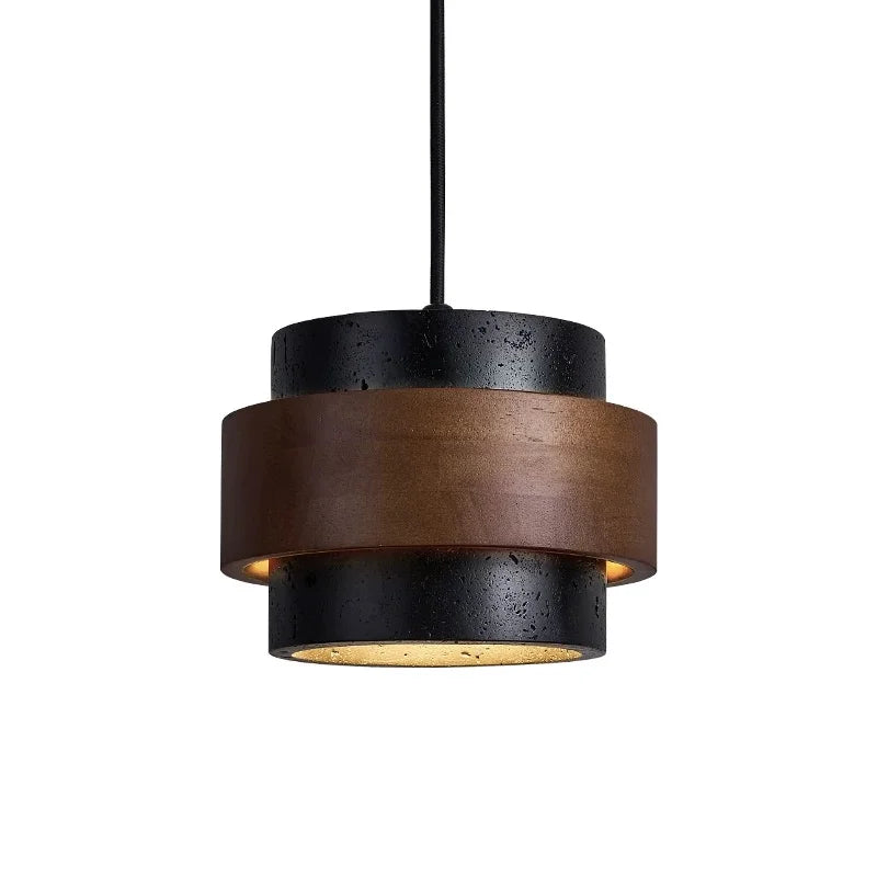 Single kyra dark wood and travertine cylinder pendant light isolated