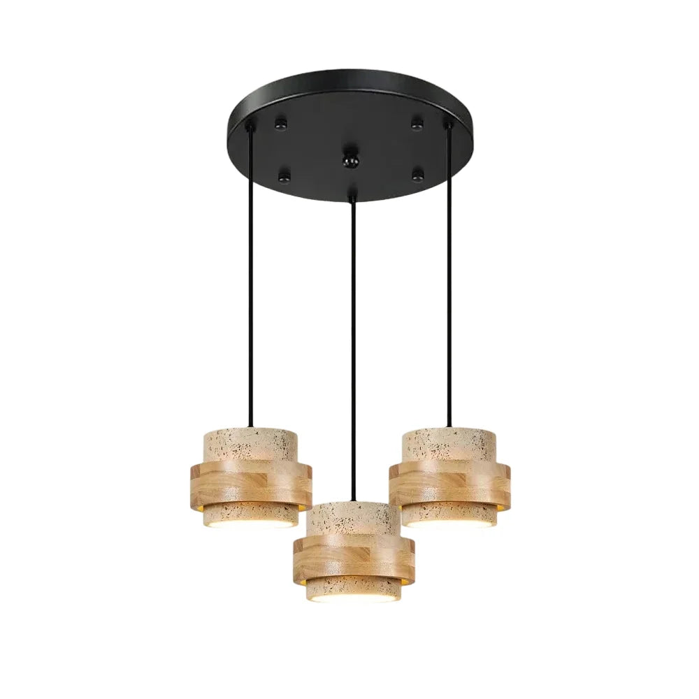 3-head round kyra cluster natural wood and travertine pendant