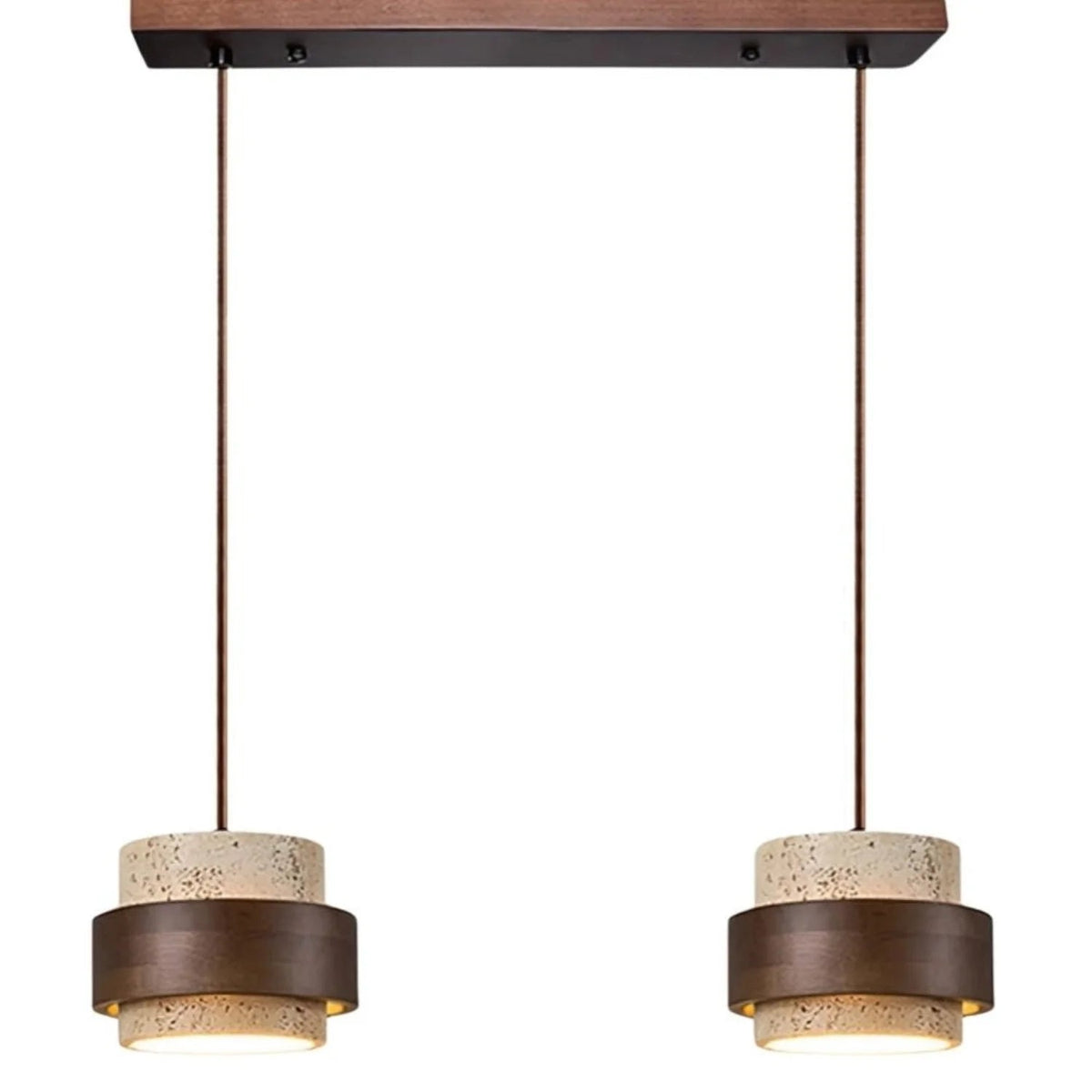 2-head linear travertine kyra island light with dark wood bands isolated on white