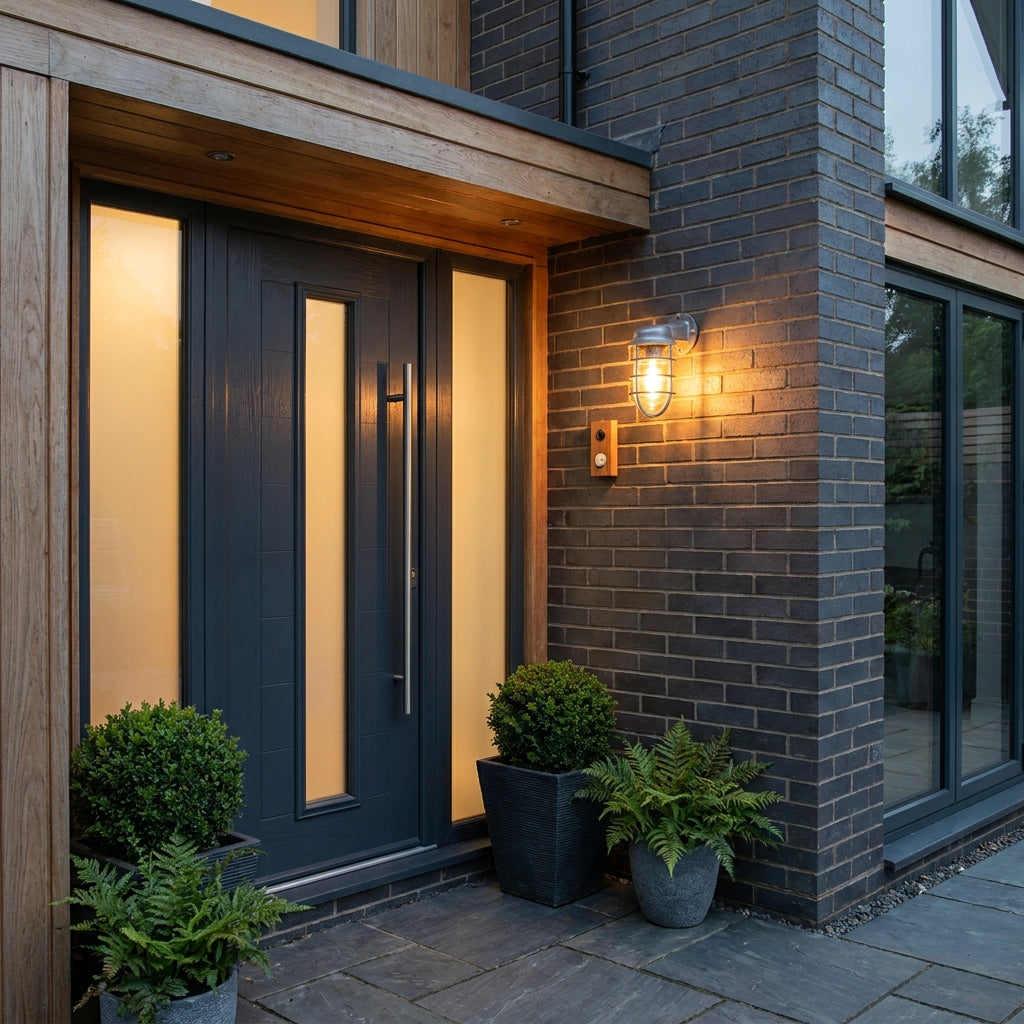 Laze cage guard bulkhead wall light beside a modern front door and porch
