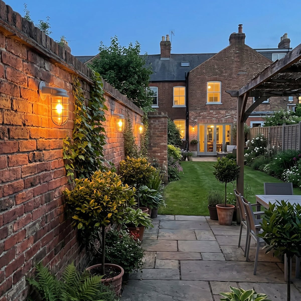 Laze cage guard bulkhead wall lights glowing along a brick garden wall at dusk