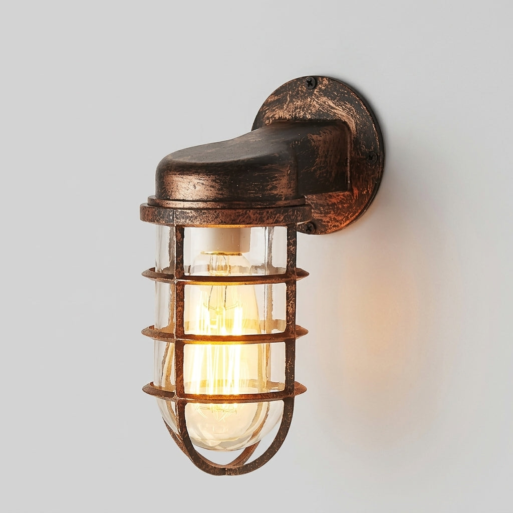 Laze rust bronze cage guard bulkhead wall light lit on a light grey background