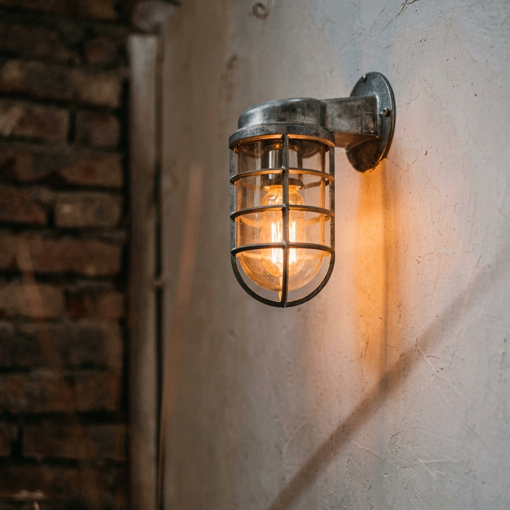 Laze silver cage guard bulkhead wall light lit beside a brick corner