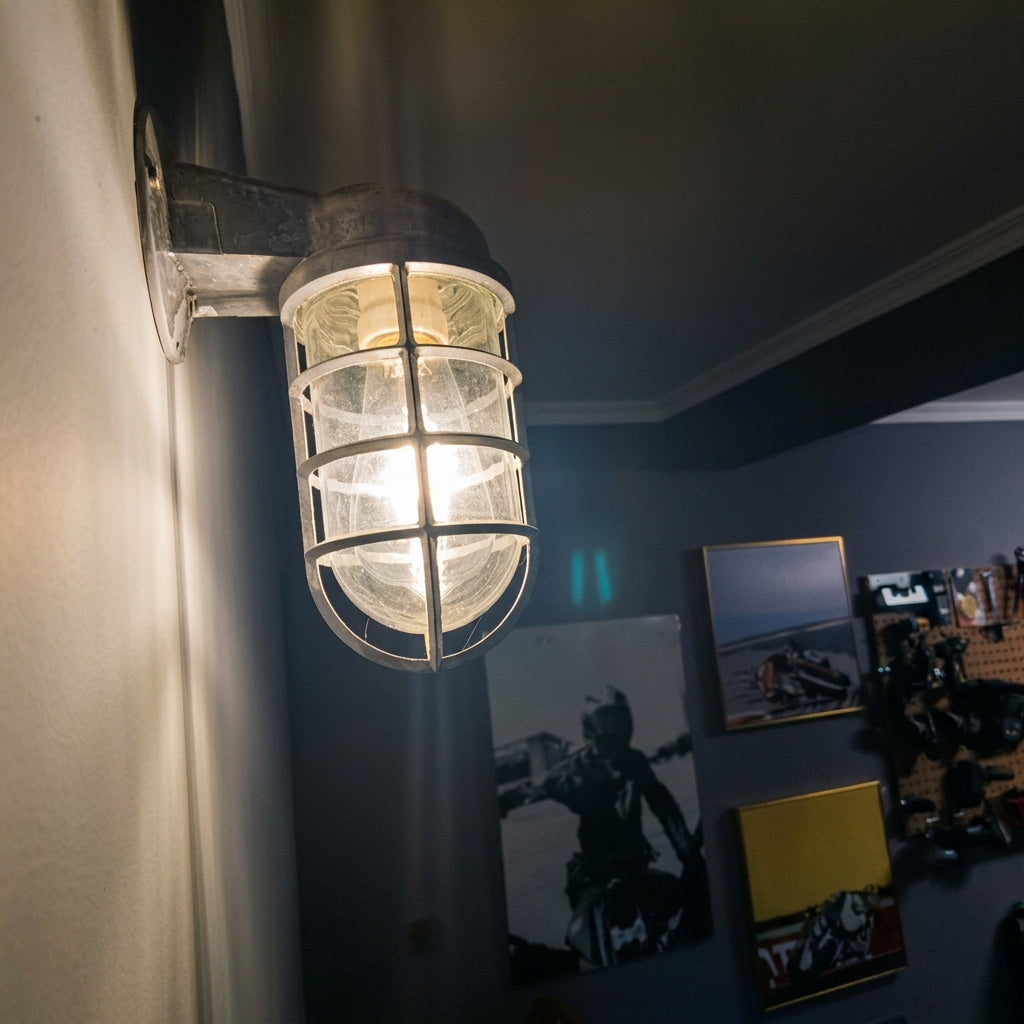 Laze silver cage guard bulkhead wall light glowing in a dark interior