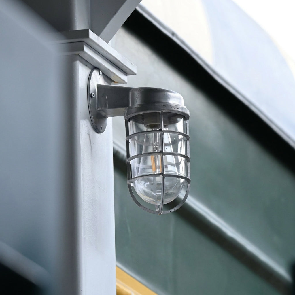 Laze silver cage guard bulkhead wall light mounted on an outdoor door frame