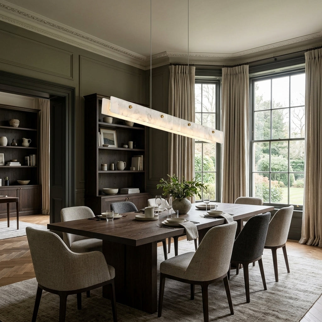 Levon alabaster linear chandelier above a dark wood dining table in a bay-windowed dining room