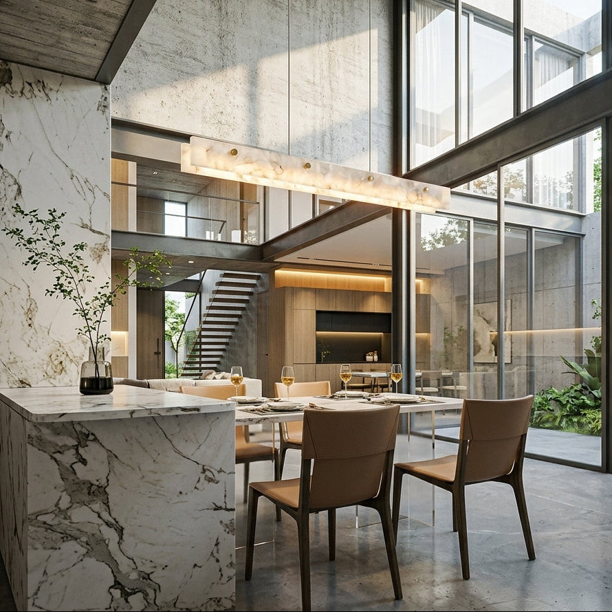 Levon alabaster linear chandelier hanging in a double-height modern living space with a staircase