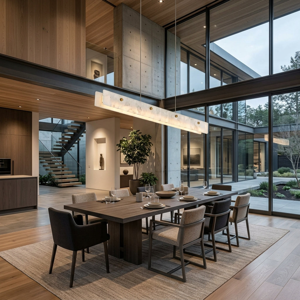 Levon natural alabaster linear chandelier above a dining table in a modern open-plan room with a glazed wall