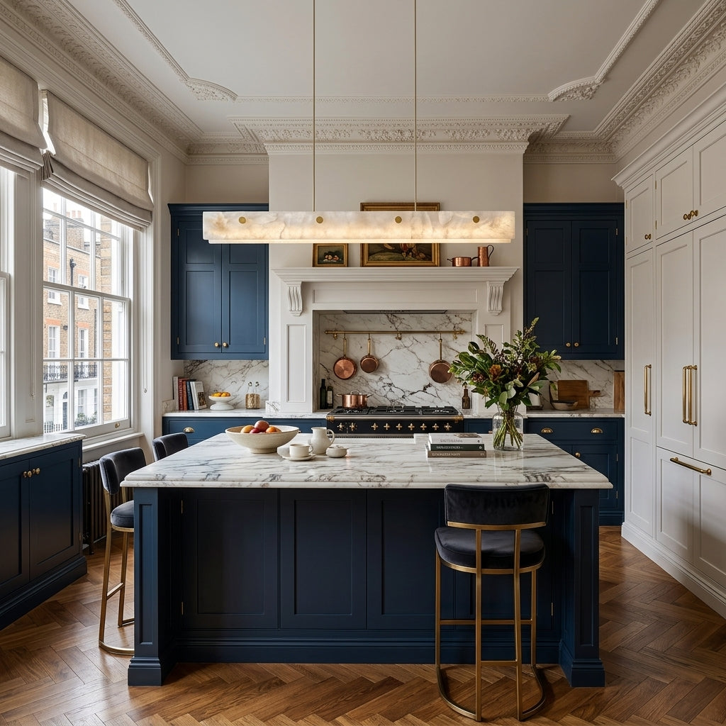 Levon alabaster linear chandelier above a marble kitchen island with navy cabinetry in a London townhouse