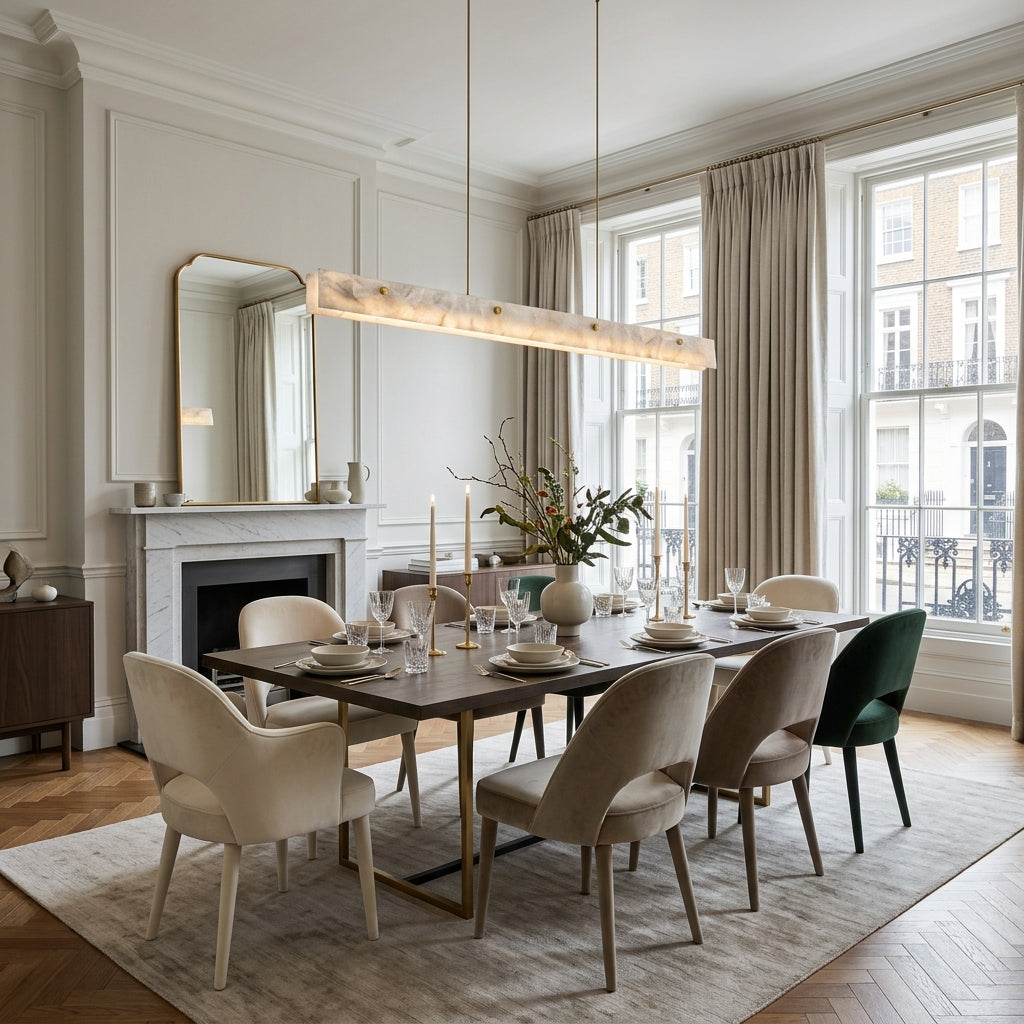 Levon alabaster linear chandelier above a dining table in a period dining room with a marble fireplace