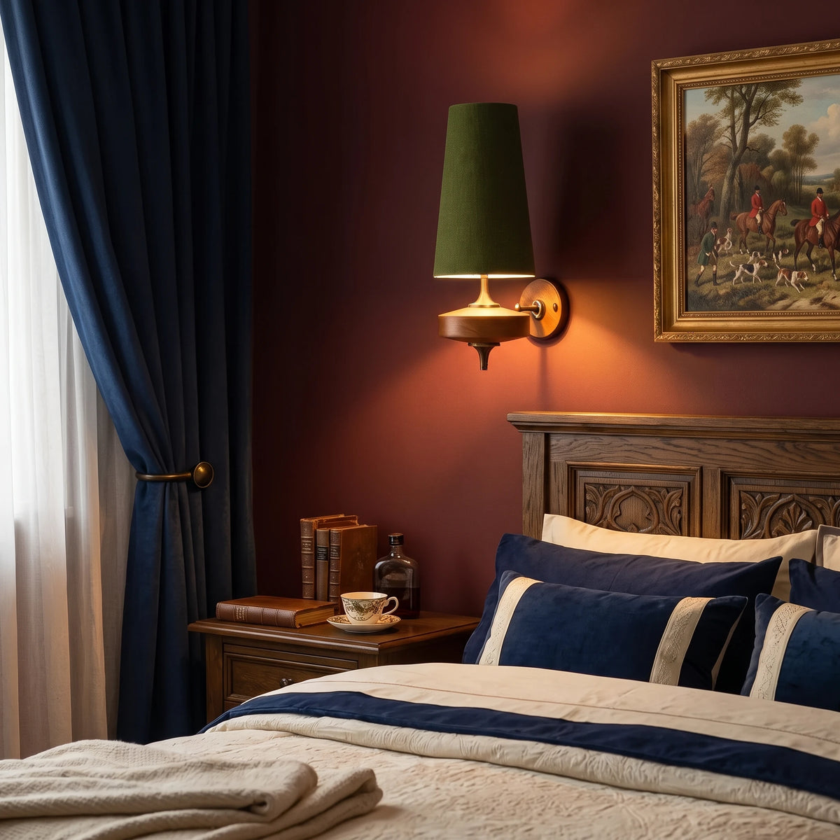Lisk green fabric shade wall light on an oxblood bedroom wall above a bedside table with navy curtains and a gilt-framed painting