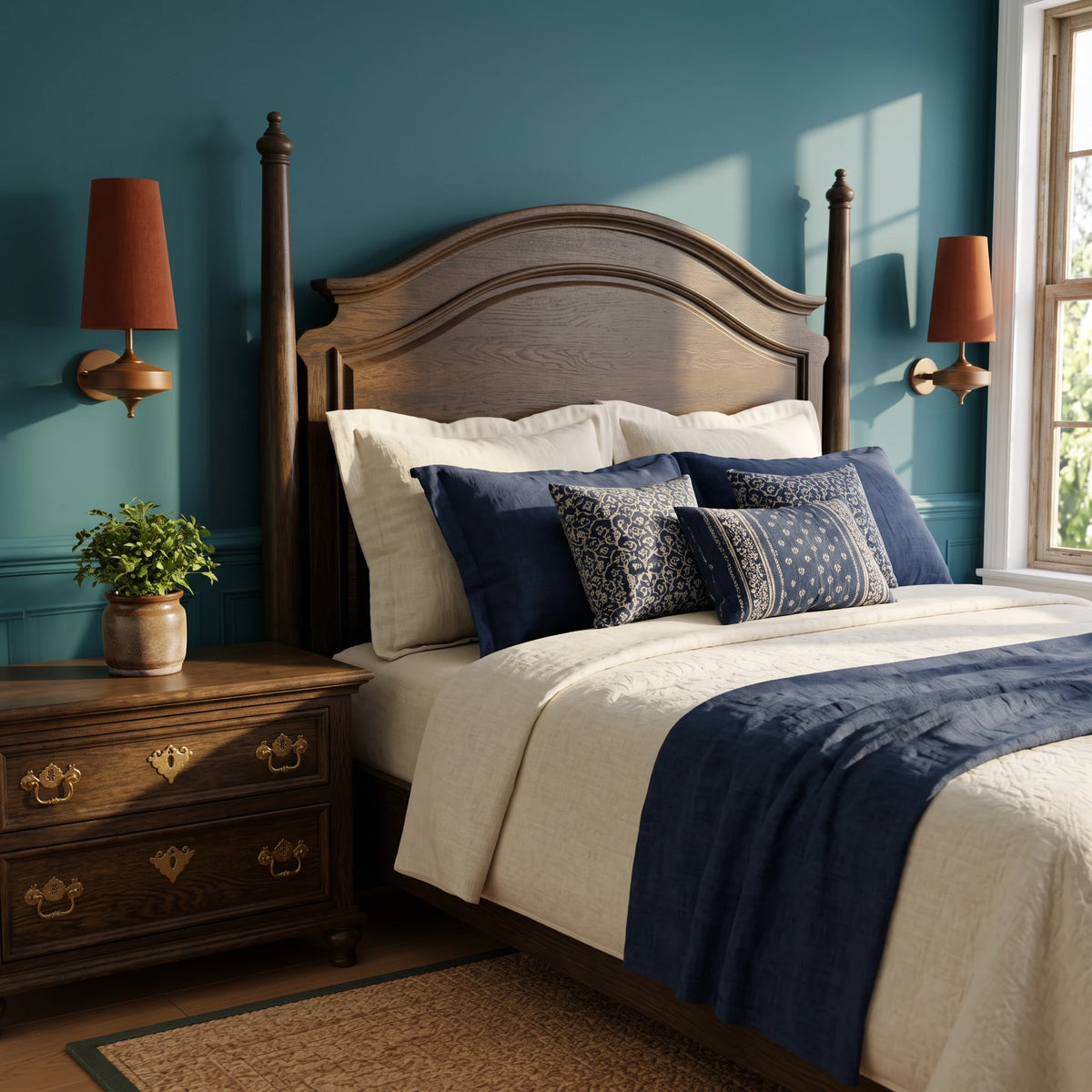 Two Lisk red fabric shade wall lights either side of a four-poster bed on a deep teal bedroom wall